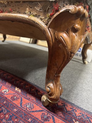 Lot 438 - A large walnut framed cabriole leg stool with ceramic castors in need of restoration.