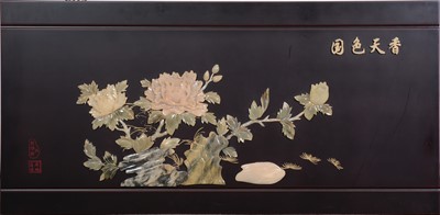 Lot 325 - A large Chinoiserie black lacquered wall plaque, crysthanemum design