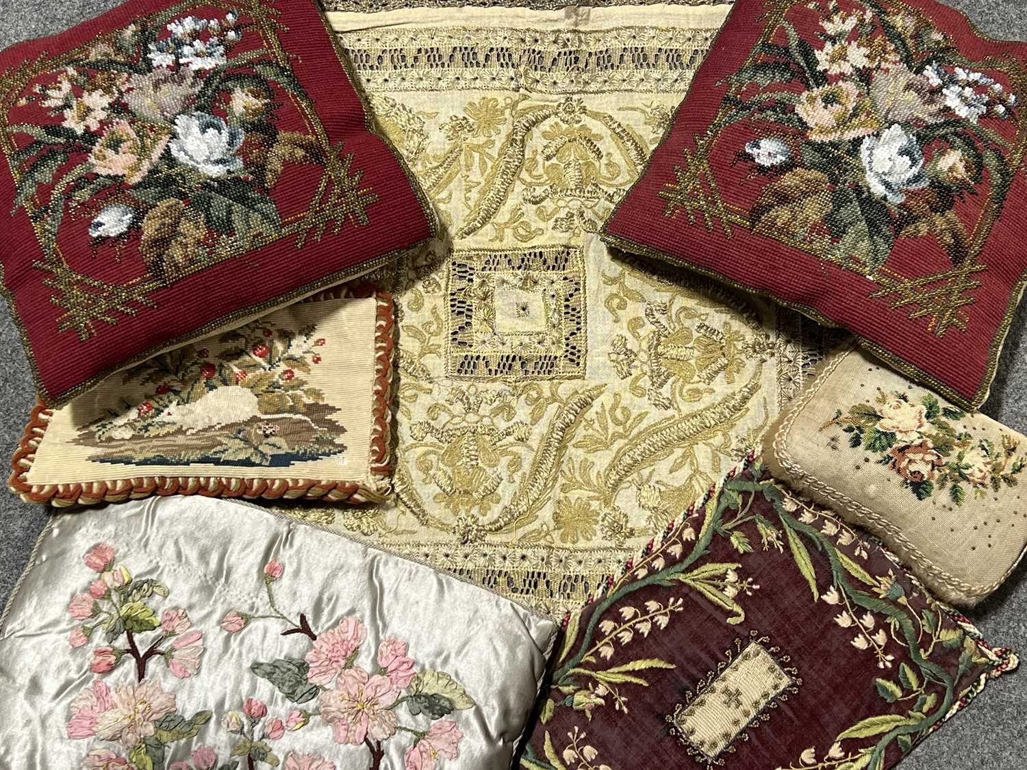 Lot 358 - Small collection of 19th century beadwork cushions, hatpin cushions and haberdashery