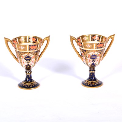 Lot 13 - Pair of Royal Crown Derby twin-handled goblets, Imari pattern