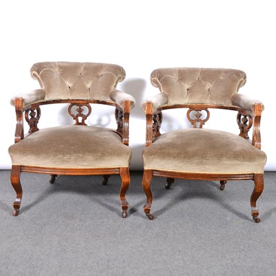 Lot 334 - Pair of Victorian walnut framed tub chairs