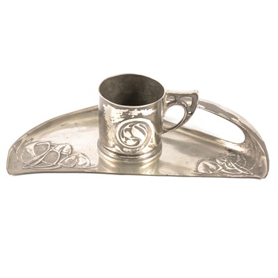 Lot 50 - Tudric pewter crumb tray and a mug, designed by Archibald Knox for Liberty & Co