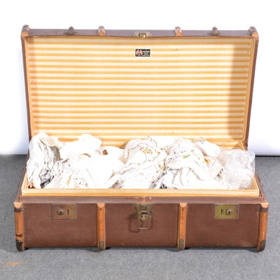 Lot 331 - Canvas bound travelling trunk, and a small quantity of linen.