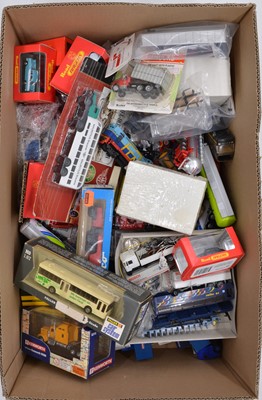 Lot 395 - HO model Railway track-side model vehicles, cars and trucks, one box full.