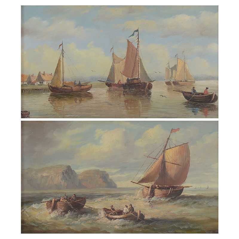 Lot 268 - Unsigned oil on board, sailing ships in an estuary, a pair