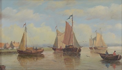 Lot 268 - Unsigned oil on board, sailing ships in an estuary, a pair