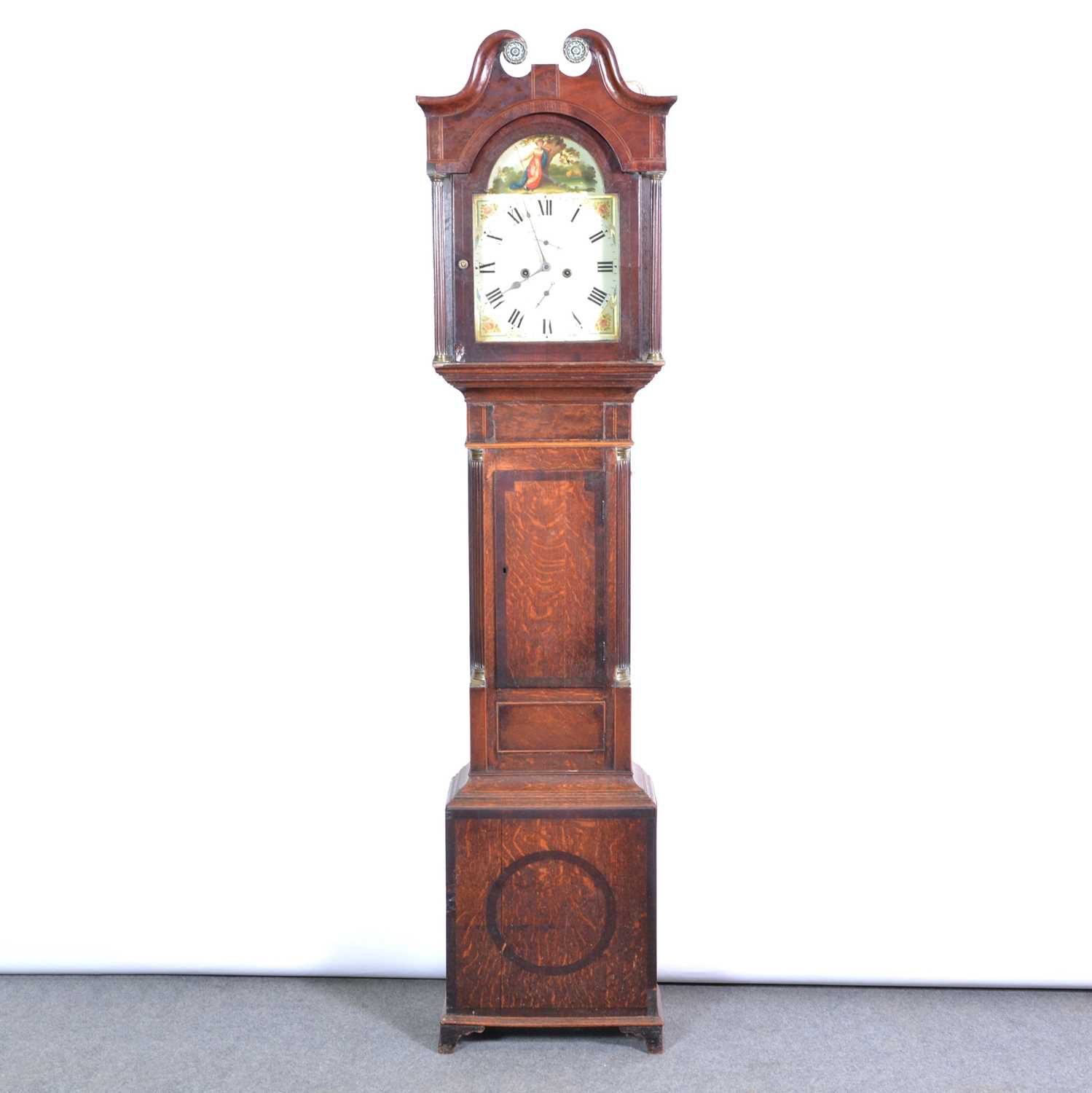 Lot 372 - Oak and mahogany longcase clock,
