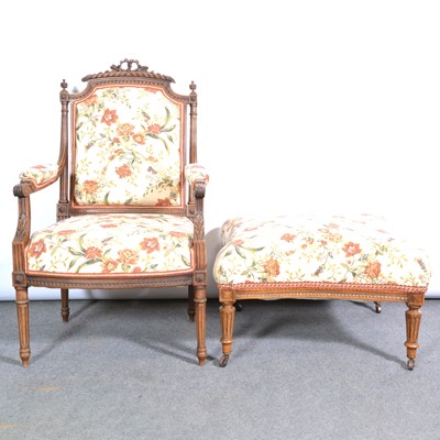 Lot 405 - French walnut framed elbow chair and matching stool