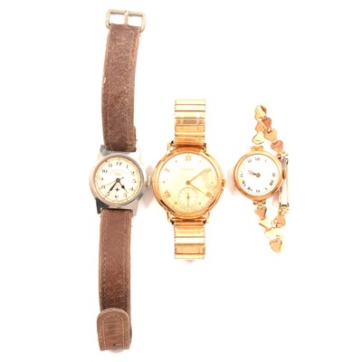Lot 316 - Longines - a gentleman's 9 carat yellow gold wristwatch, and two other wristwatches.
