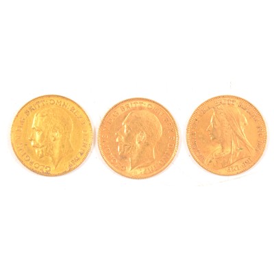 Lot 144 - Three Gold Half Sovereign Coins.