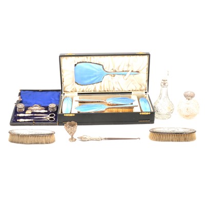 Lot 247 - A seven-piece silver-backed manicure set, Walker & Hall, London 1905, and other silver items.