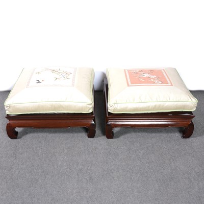 Lot 260 - Pair of Chinese hardwood low stools, modern, silk cushions