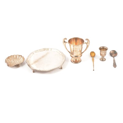 Lot 133 - Silver presentation salver; two golfing cups; silver-gilt anointing spoon; butter dish; Oslo spoon.