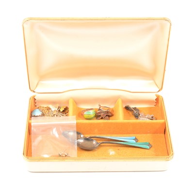 Lot 386 - A jewel box of Scandinavian enamel jewellery and two coffee spoons mainly by David Andersen.