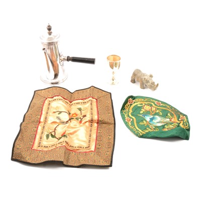 Lot 128 - Silver-plated wares, carved wood cigar box, embroidered panels, watercolour, books and linen.