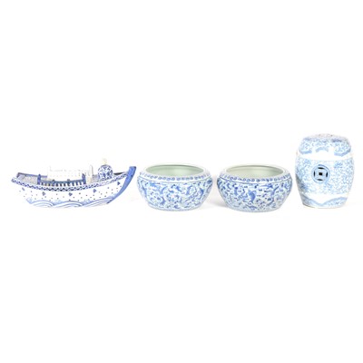 Lot 60 - Pair of modern Chinese blue and white pottery jardinieres, barrel and model boat