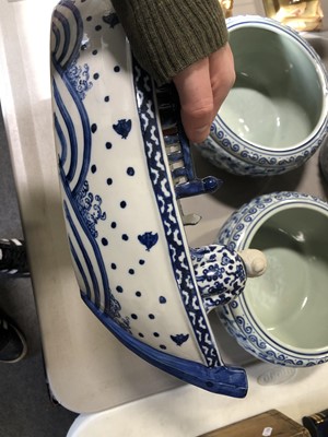 Lot 60 - Pair of modern Chinese blue and white pottery jardinieres, barrel and model boat