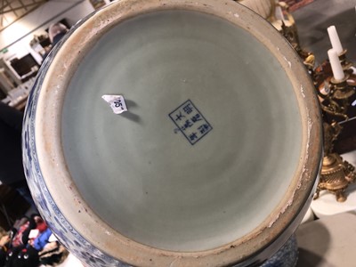 Lot 60 - Pair of modern Chinese blue and white pottery jardinieres, barrel and model boat