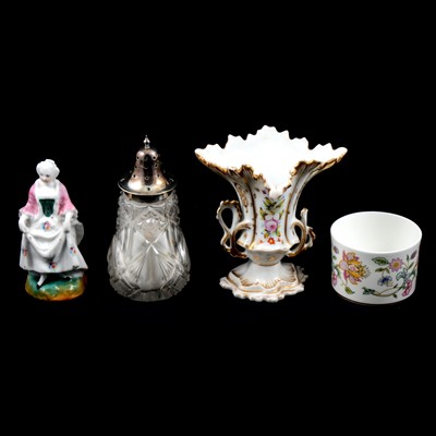 Lot 58 - Quantity of decorative ceramics, figurines, and a silver-mounted cut glass sugar sifter