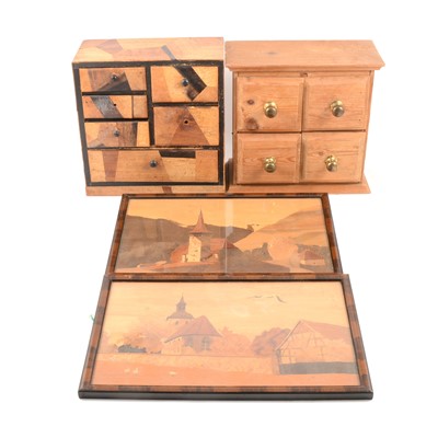 Lot 167 - Japanese parquetry covenant, set of spice drawers, and two Charles Spindler marquetry pictures