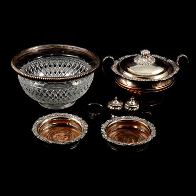 Lot 232 - Silver-mounted cut-glass bowl, pair of plated coasters and a plated tureen