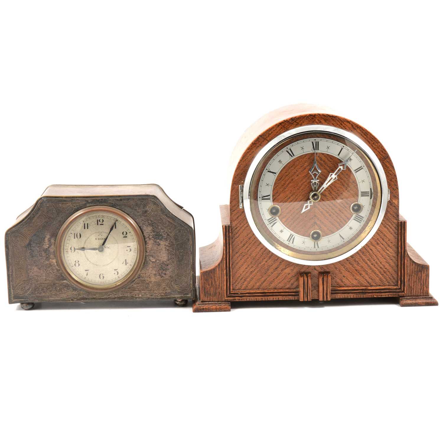 Enfield Clock Collection Lot 195 - Enfield oak cased mantel clock and a silver