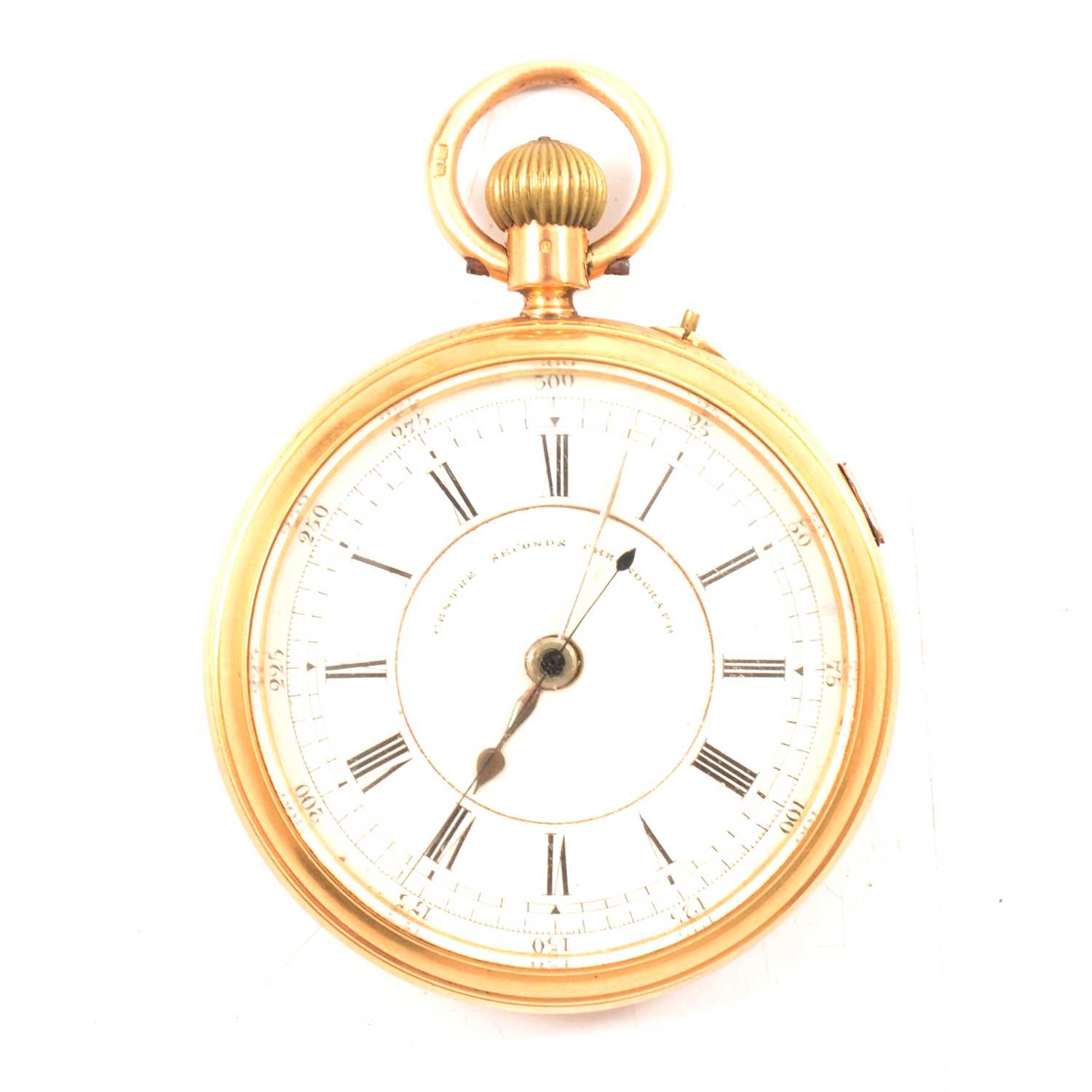 Lot 279 - An 18 carat yellow gold open face chronograph pocket watch.