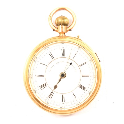 Lot 279 - An 18 carat yellow gold open face chronograph pocket watch.