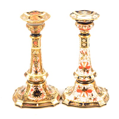 Lot 72 - Near pair of Royal Crown Derby Imari pattern candlesticks