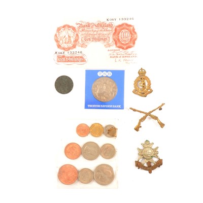 Lot 383 - Commemorative crowns etc, 10/- notes, Victory Medal and cap badges.