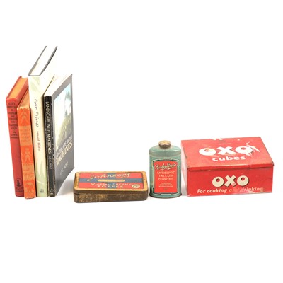 Lot 148 - Box of vintage advertising tins, telephone, children's books, and other publications