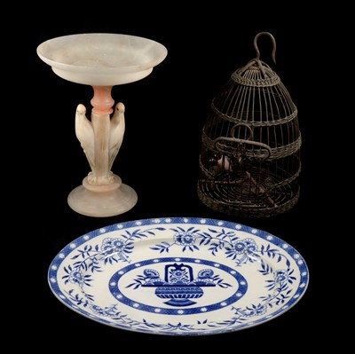 Lot 230 - Alabaster comport; a novelty bird cage; and a Staffordshire printware meat plate