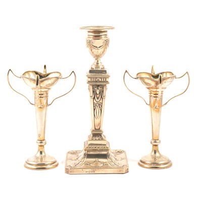 Lot 270 - Silver filled candlestick, William Neale & Sons, Chester 1904, and pair of Art Nouveau silver bud vases.