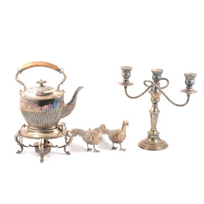 Lot 151 - Pair of silver birds, plated kettle on stand, candelabra and three glass decanter.