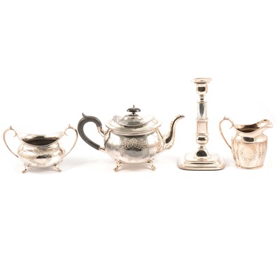 Lot 141 - Pair of silver napkin ring, silver-plated candelabra, candlesticks, meat cover and other plated wares.