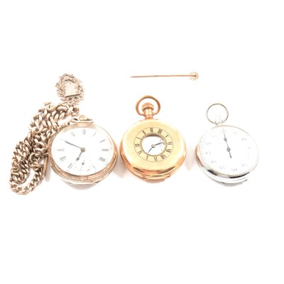 Lot 220 - Silver open face pocket watch, metal half hunter pocket watch, metal stop watch, and tie pin.