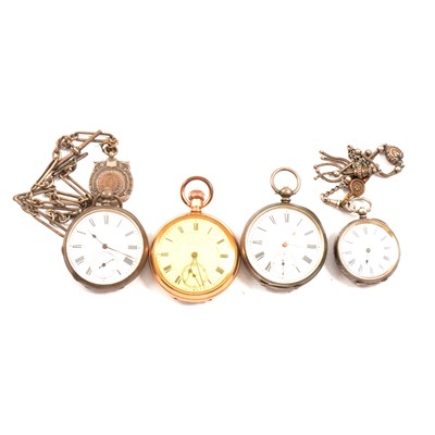 Lot 294 - A gold-plated open face pocket watch, three white metal pocket watches and two albert watch chains.