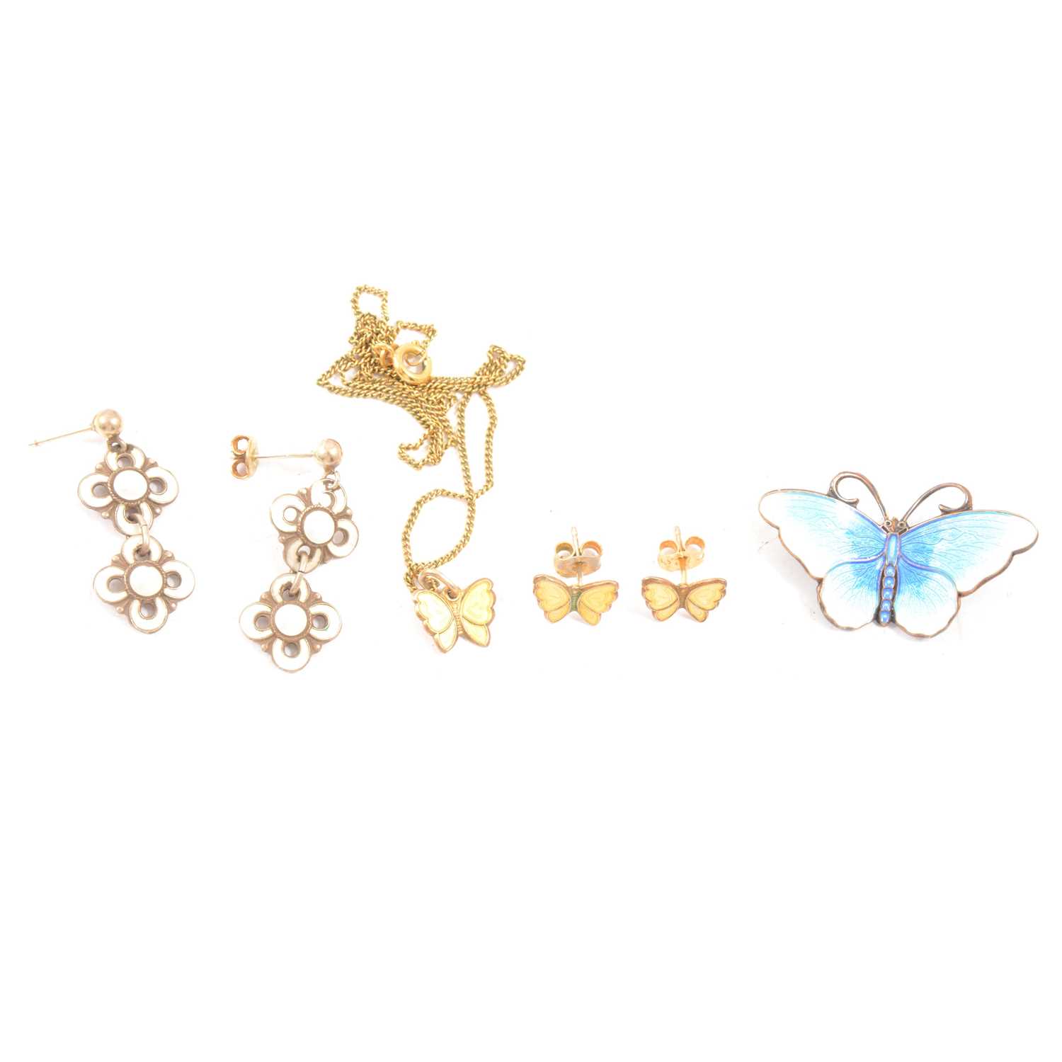 Lot 387 - A Norwegian enamel butterfly brooch, suite of earrings and pendant, pair of earrings.