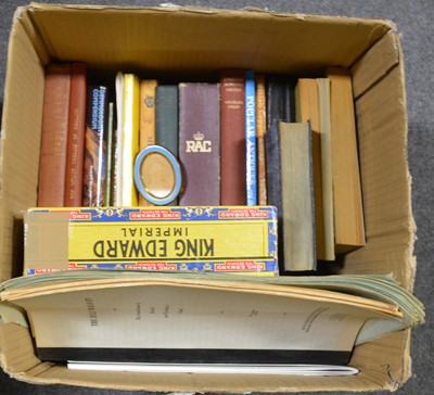 Lot 176 - Box of containing books, military cap badges and medal ribbons.