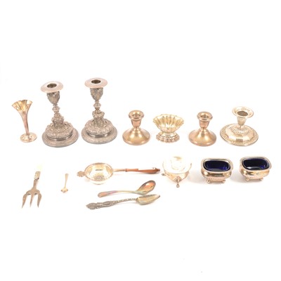 Lot 260 - Pair of silver dwarf candlesticks, William Adams Ltd, Birmingham 1975, and other silver and plated wares.