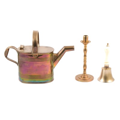 Lot 166 - Pair of brass watering cans, candlesticks and others brass.