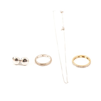 Lot 42 - Two diamond set bands, an 18 carat white gold chain and pair of 9ct earstuds.