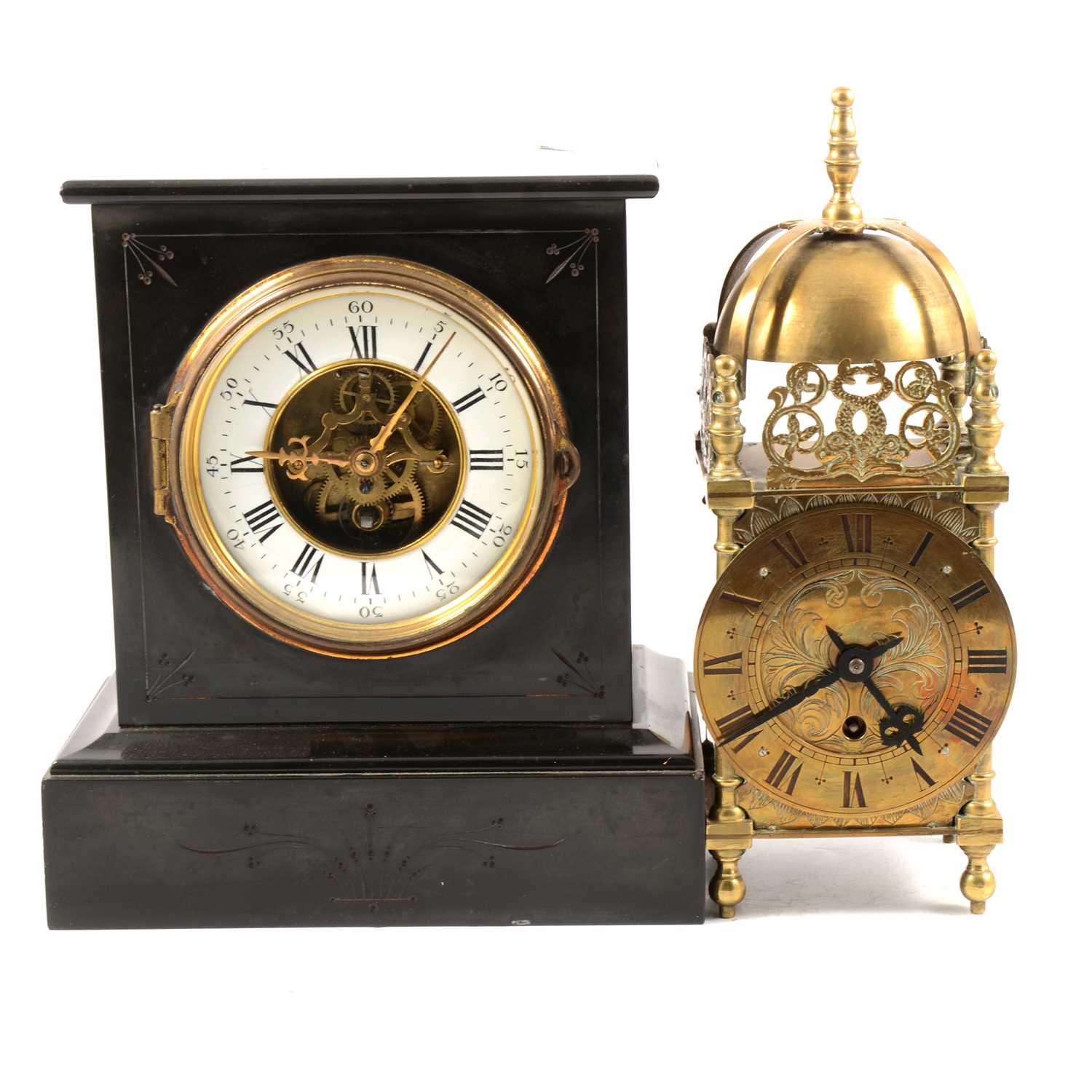 Lot 146 - Reproduction brass lantern clock;, and two mantel clocks