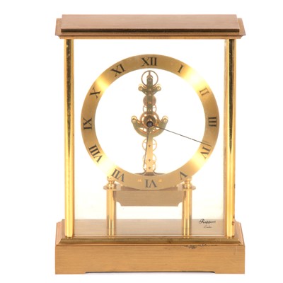 Lot 100 - Contemporary brushed gilt metal three glass skeleton clock, Rapport, London
