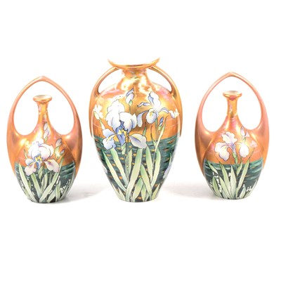 Lot 19 - Art Nouveau style garniture of vases, showing the influence of Rozenburg