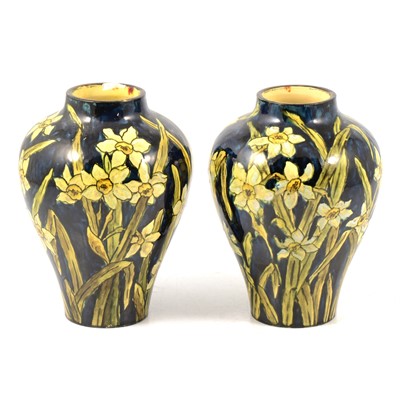 Lot 3 - Pair of Doulton Faience vases painted by M Adams, 1876