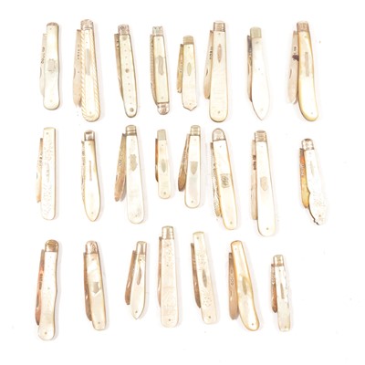 Lot 212 - Collection of twenty-three silver-bladed folding knives, mother-of-pearl handles.