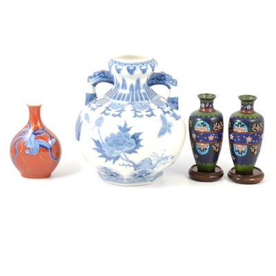 Lot 9 - Modern Chinese porcelain twin-handled vase, a Japanese vase, and pair of cloisonne vases