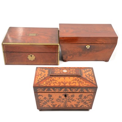 Lot 134 - Victorian mahogany and brass travelling box, and two tea caddies