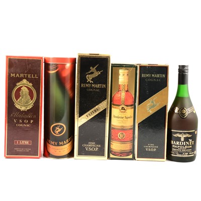 Lot 136 - Six bottles of assorted cognac and brandies, including Remy Martin and Martell